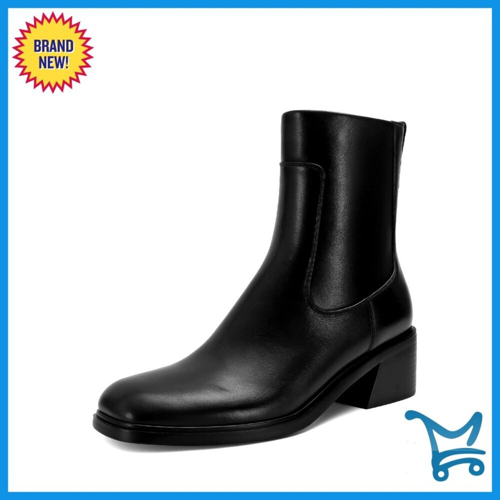 Leather Ankle Boots with Side Zipper, Square Toe, Low Block Heel